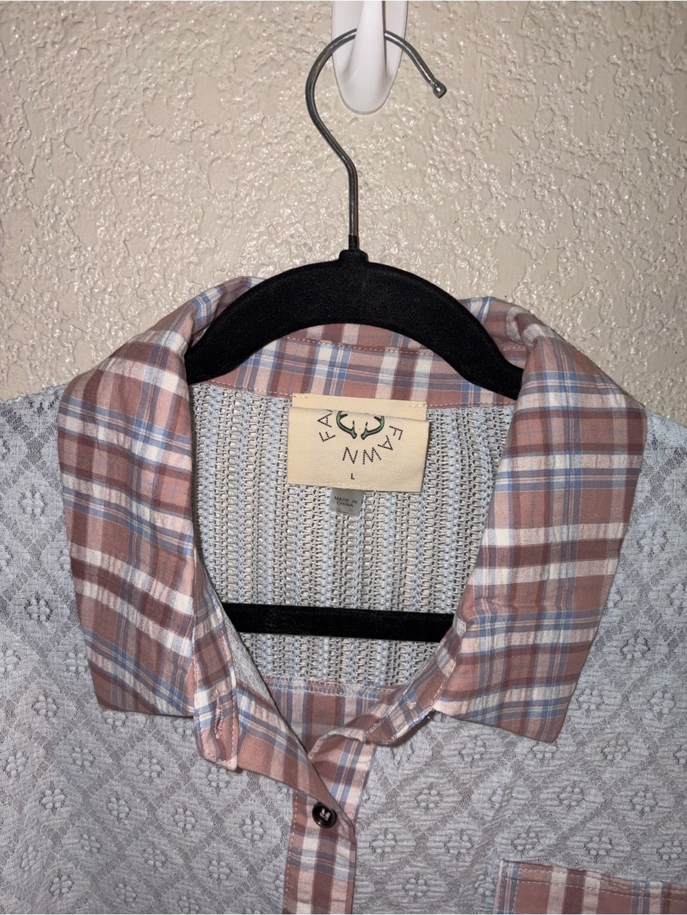 NIP Fantastic Fawn “Sky Blue🩵Blush💗Mixed Media Lace/Plaid Button-Up Shirt” LRG - Picture 10 of 16